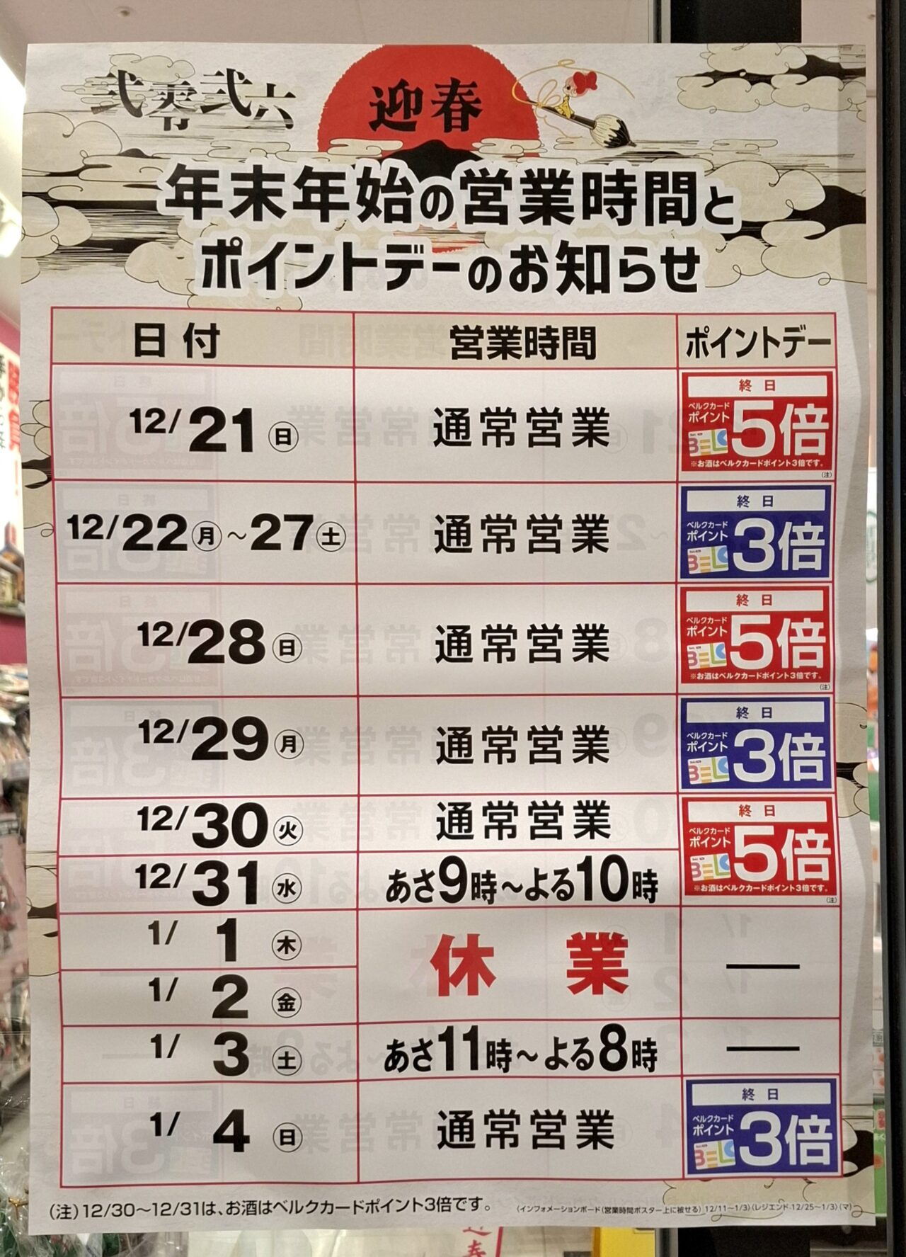 ベルクの年末年始営業日